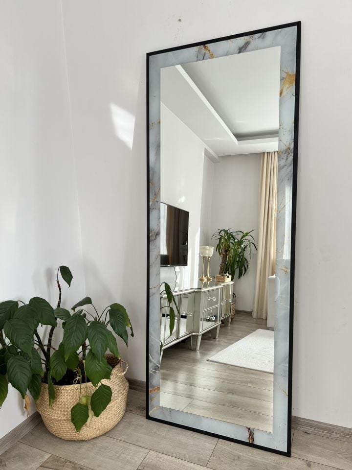 Mermer Desenli Dikdörtgen Model Metal Çerçeveli 180X70 CM Boy Aynası