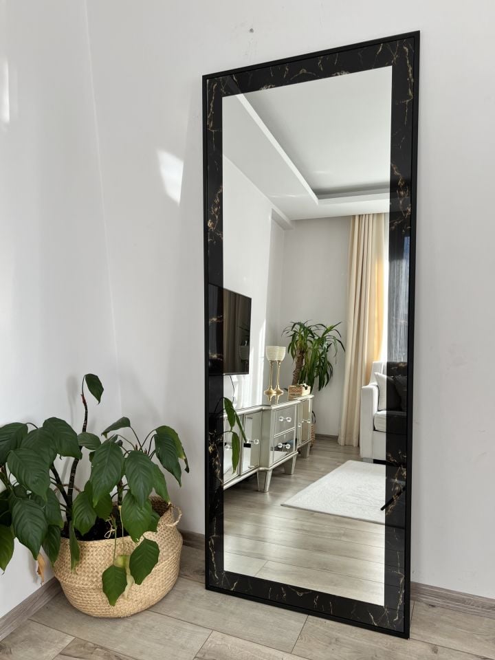 Siyah Mermer Desenli Dikdörtgen model Metal Çerçeveli 180X70 CM Boy Aynası