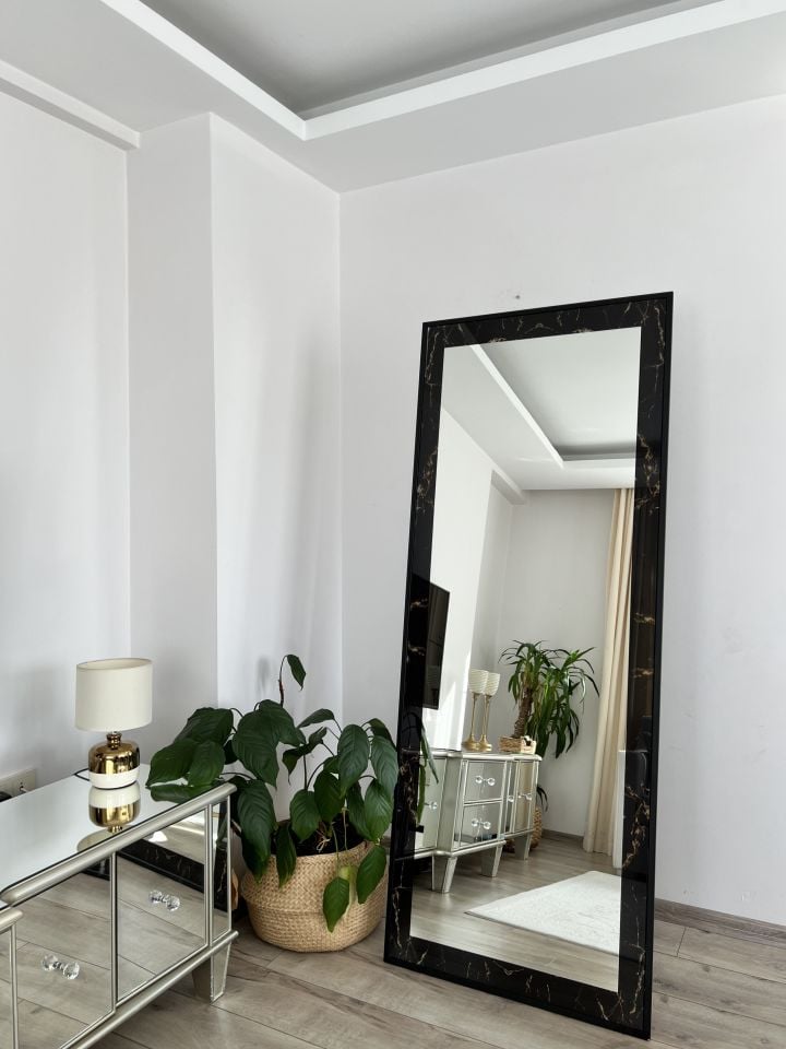 Siyah Mermer Desenli Dikdörtgen model Metal Çerçeveli 180X70 CM Boy Aynası