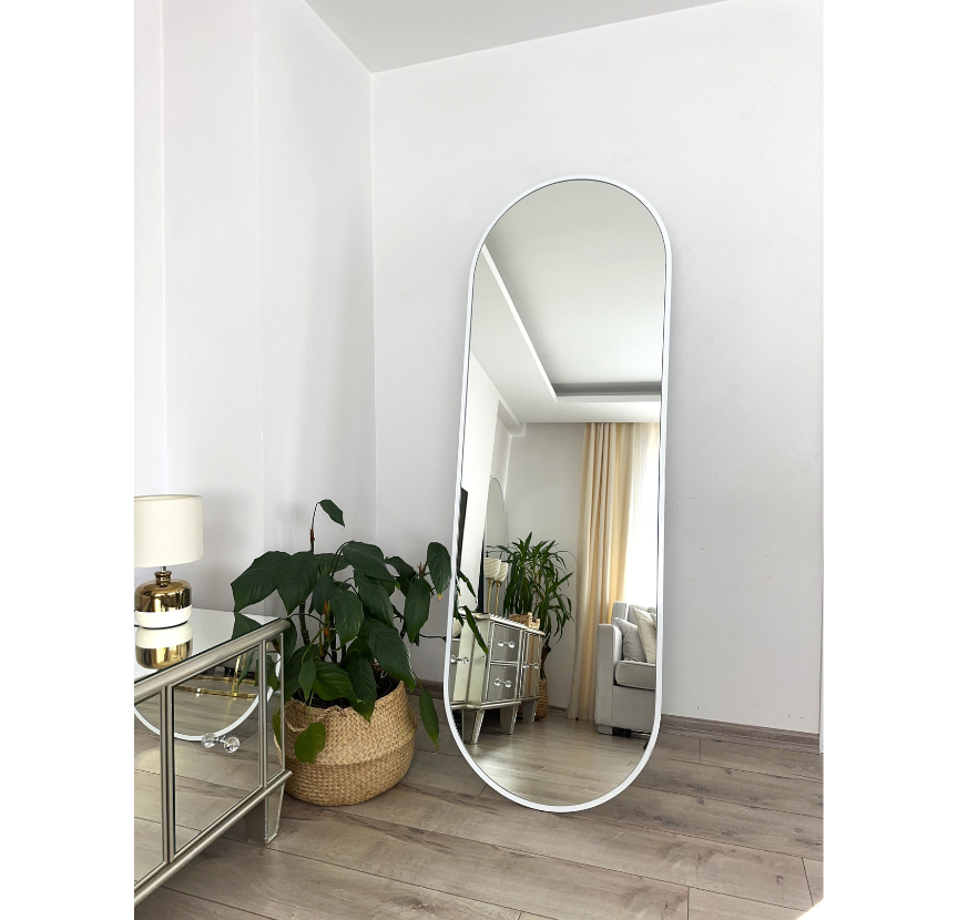 BEYAZ METAL ÇERÇEVELİ 180X60 CM ELİPS AYAKLI BOY AYNASI