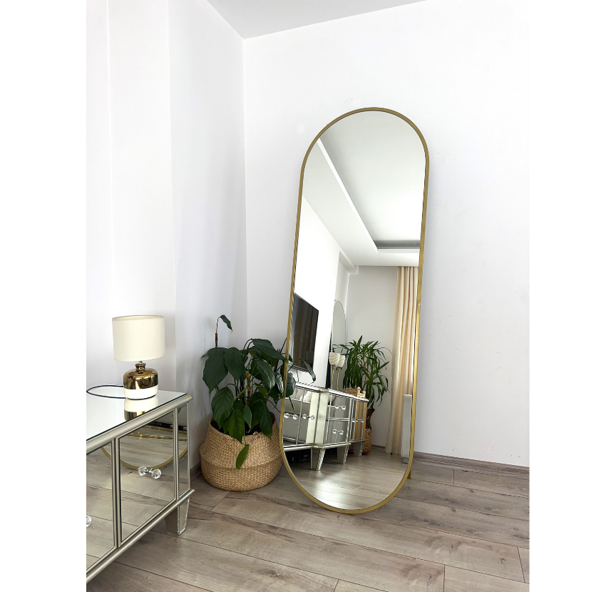 GOLD METAL ÇERÇEVELİ 180X60 CM ELİPS AYAKLI BOY AYNASI