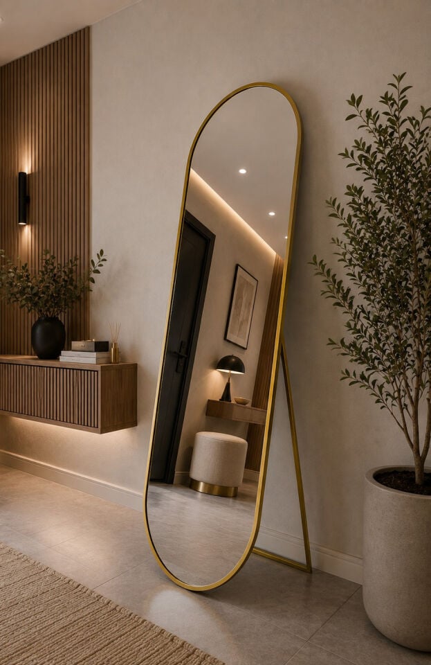 GOLD METAL ÇERÇEVELİ 180X60 CM ELİPS AYAKLI BOY AYNASI