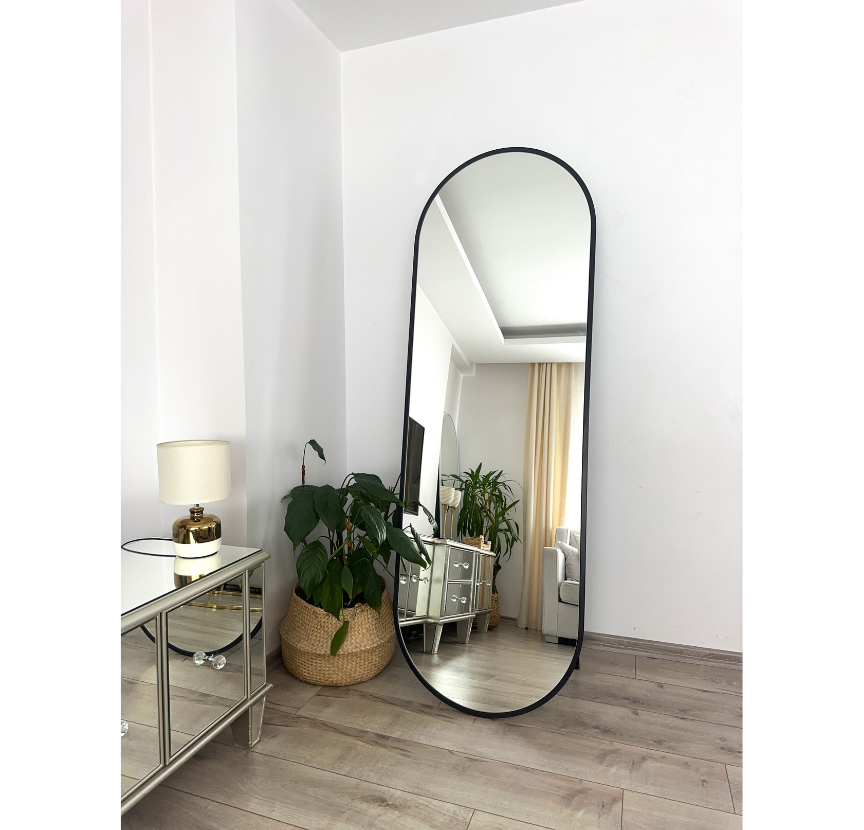 SİYAH METAL ÇERÇEVELİ 180X60 CM ELİPS AYAKLI BOY AYNASI