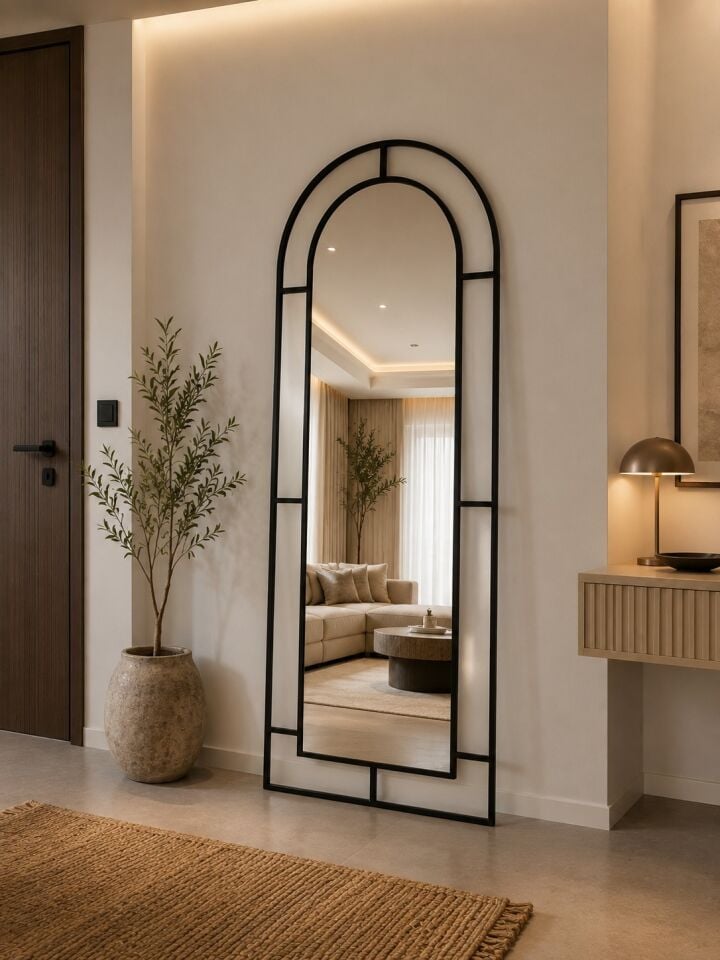 Siyah Metal Çerçeveli 180x70 Cm Pencere Model Oval Ayaklı Boy Aynası
