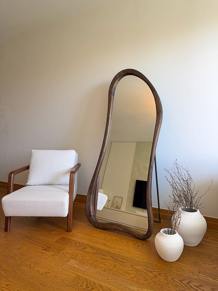 DOĞAL AHŞAP ÇERÇEVELİ 180X80 CM ( CEVİZ ) AYAKLI BOY AYNASI