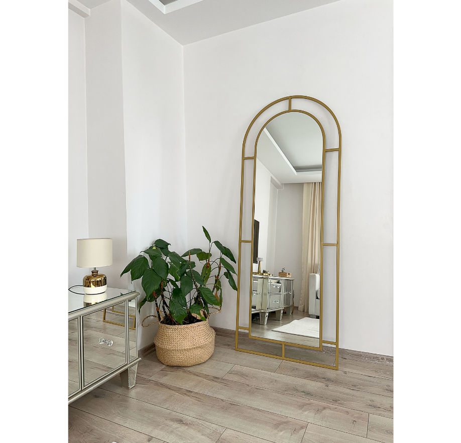 Gold Metal Çerçeveli 180x70 Cm Pencere Model Oval Ayaklı Boy Aynası