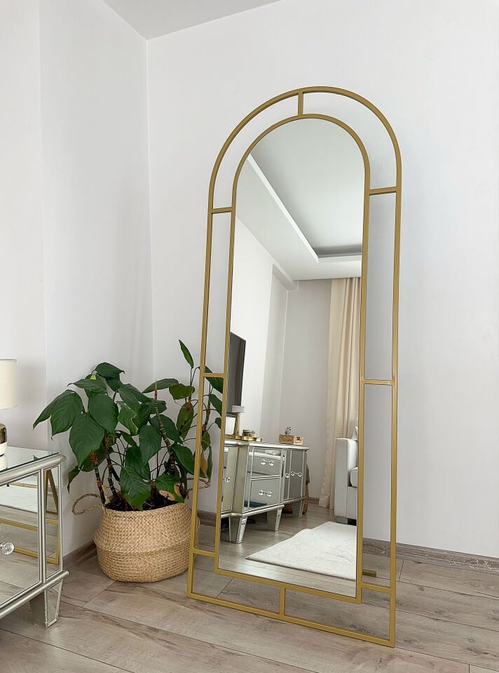 Gold Metal Çerçeveli 180x70 Cm Pencere Model Oval Ayaklı Boy Aynası