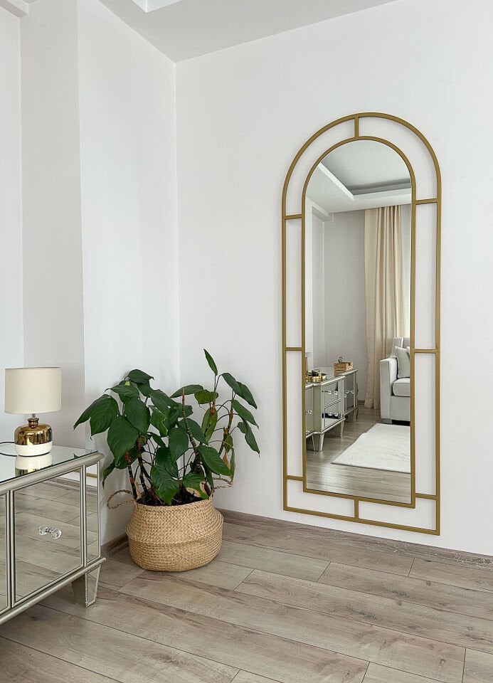 Gold Metal Çerçeveli 180x70 Cm Pencere Model Oval Ayaklı Boy Aynası