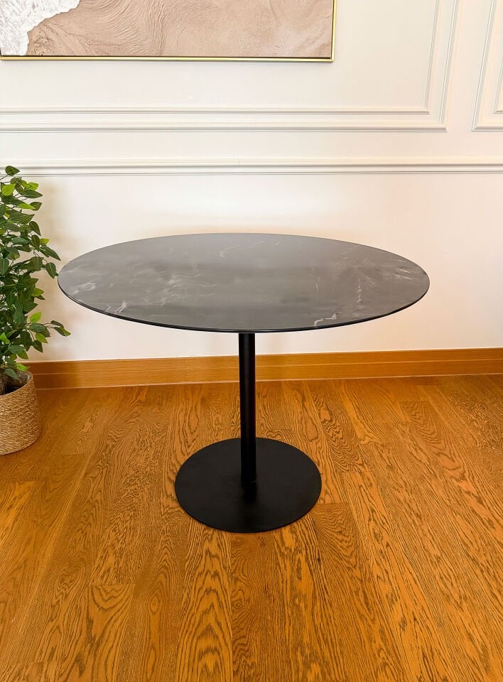 Siyah Mermer Desenli Modern 100 CM Yemek Masası 8 MM Temper Cam ( SADECE MASA )