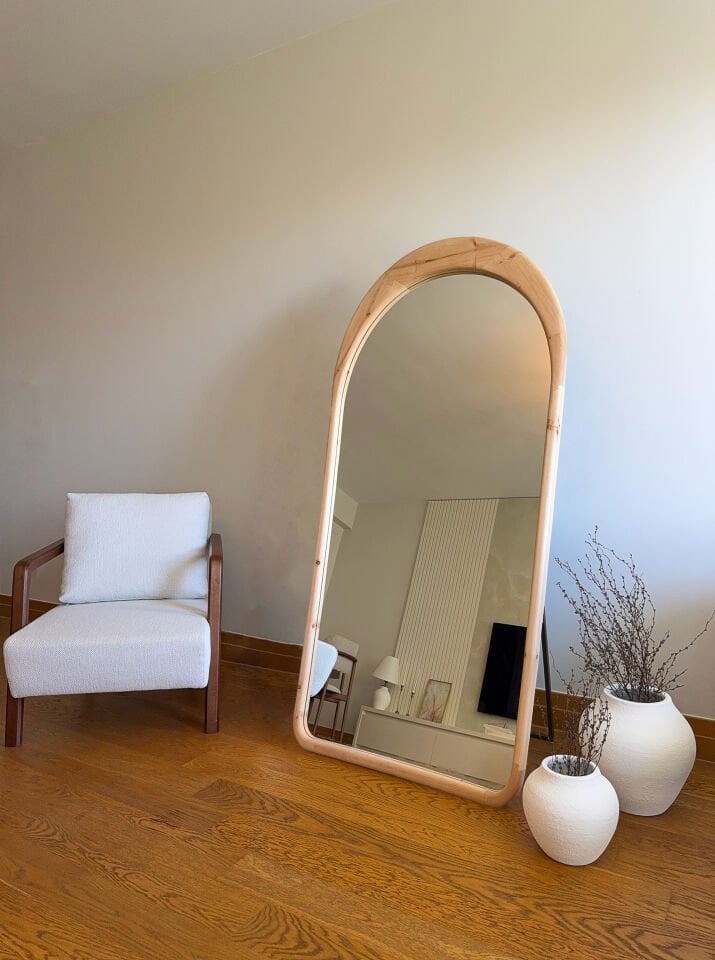 DOĞAL AHŞAP ÇERÇEVELİ 180X80 CM ( NATUREL ) OVAL AYAKLI BOY AYNASI