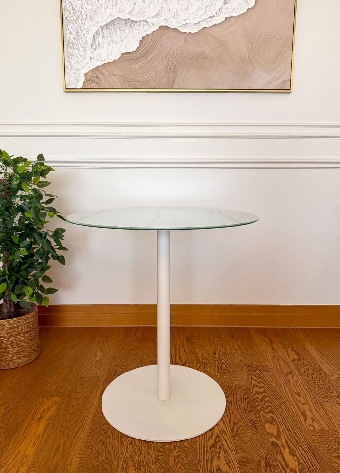 Beyaz Mermer Desenli Modern 70 CM Yemek Masası 8 MM Temper Cam ( SADECE MASA )