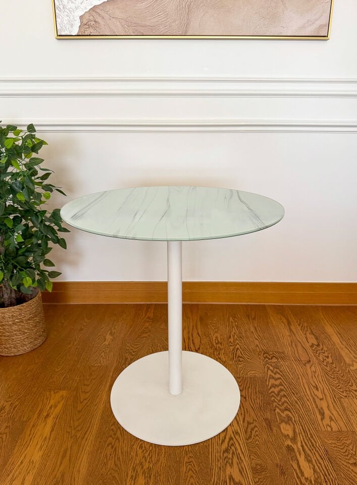 Beyaz Mermer Desenli Modern 70 CM Yemek Masası 8 MM Temper Cam ( SADECE MASA )