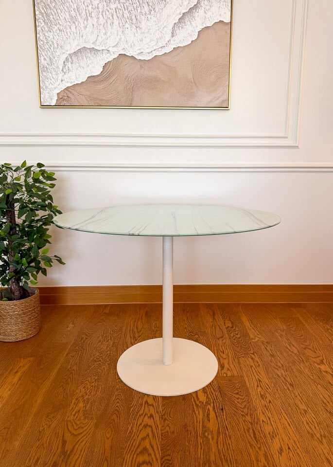 Beyaz Mermer Desenli Modern 100 CM Yemek Masası 8 MM Temper Cam ( SADECE MASA )