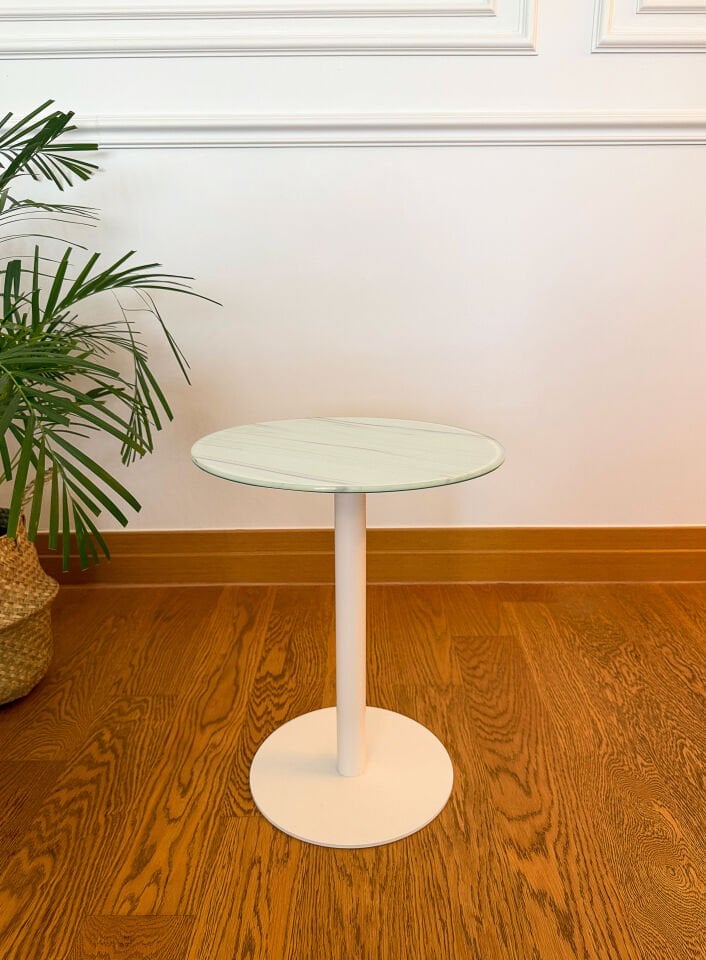 Beyaz Mermer Desenli Modern 40 CM Zigon Yan Sehpa 8 MM Temper Cam