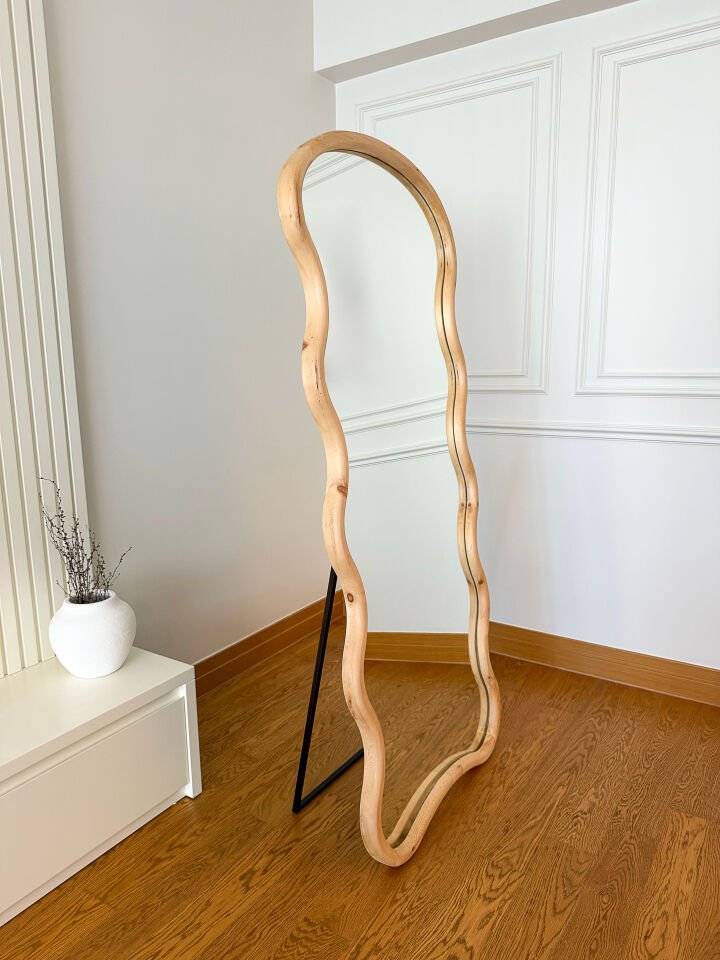 DOĞAL AHŞAP ÇERÇEVELİ BULUT MODEL 180X80 CM ( NATUREL ) AYAKLI BOY AYNASI