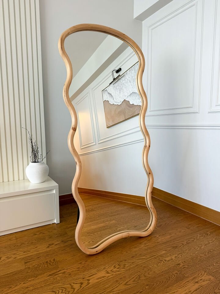 DOĞAL AHŞAP ÇERÇEVELİ BULUT MODEL 180X80 CM ( NATUREL ) AYAKLI BOY AYNASI