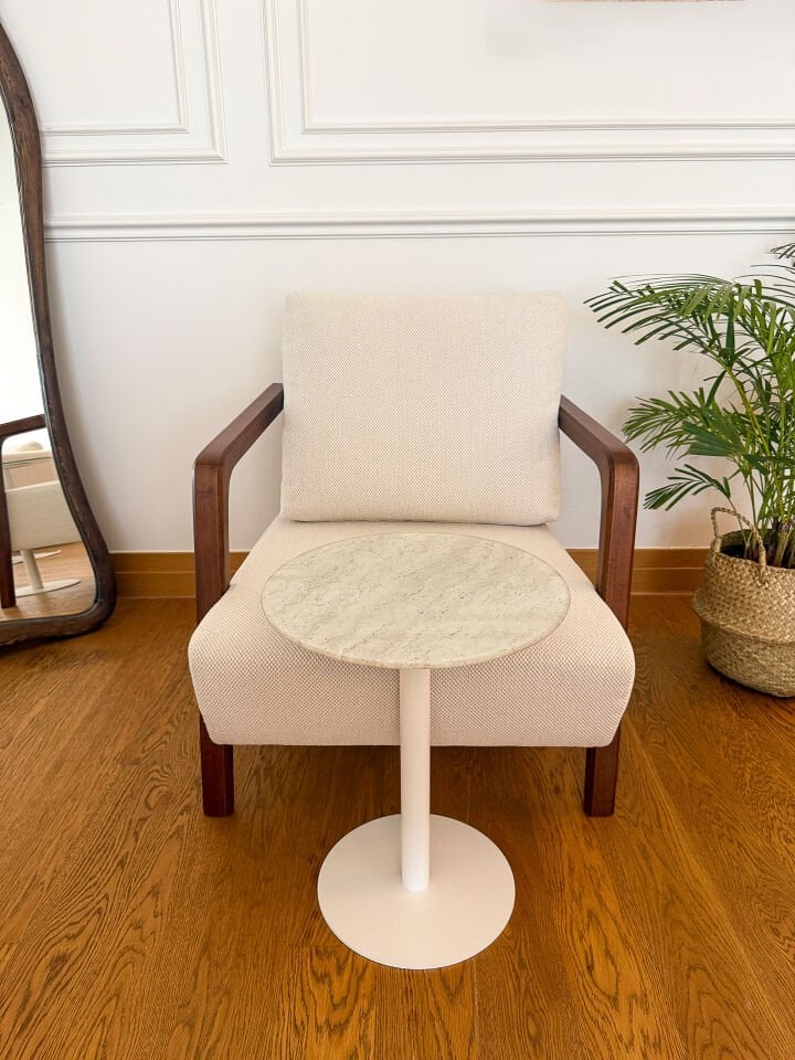 Traverten Mermer Desenli Modern 40 CM Zigon Yan Sehpa 8 MM Temper Cam