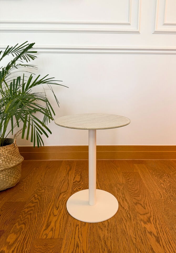 Traverten Mermer Desenli Modern 40 CM Zigon Yan Sehpa 8 MM Temper Cam