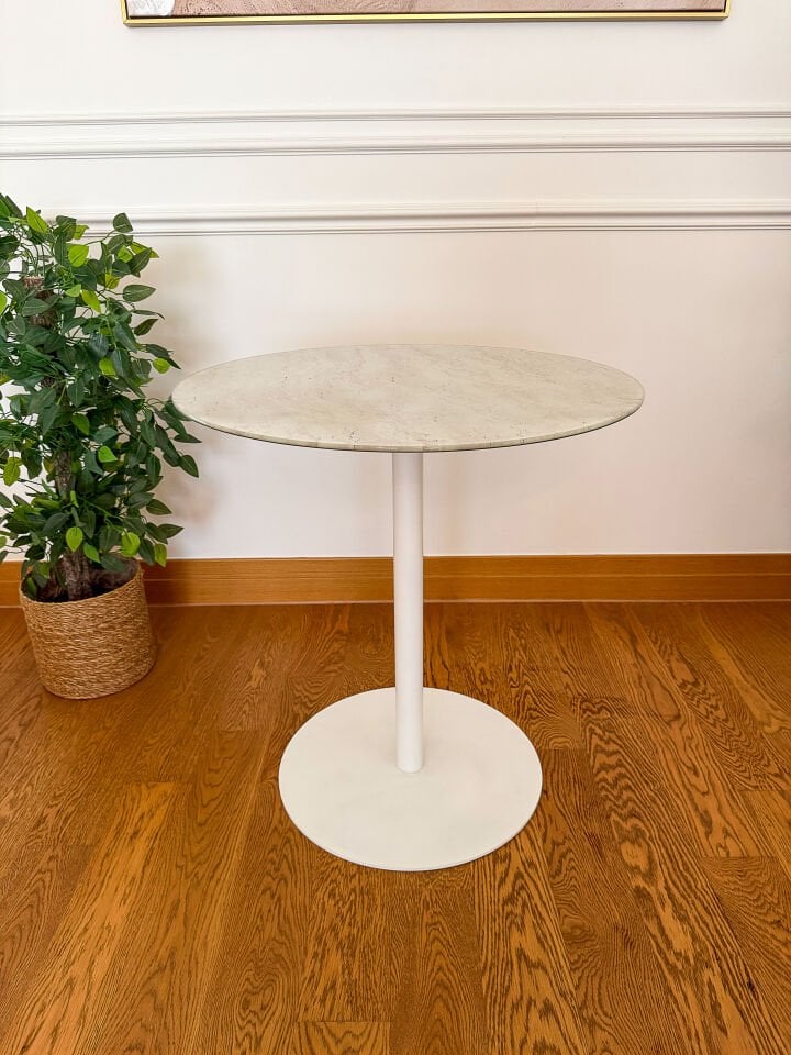 Traverten Mermer Desenli Modern 70 CM Yemek Masası 8 MM Temper Cam ( SADECE MASA )