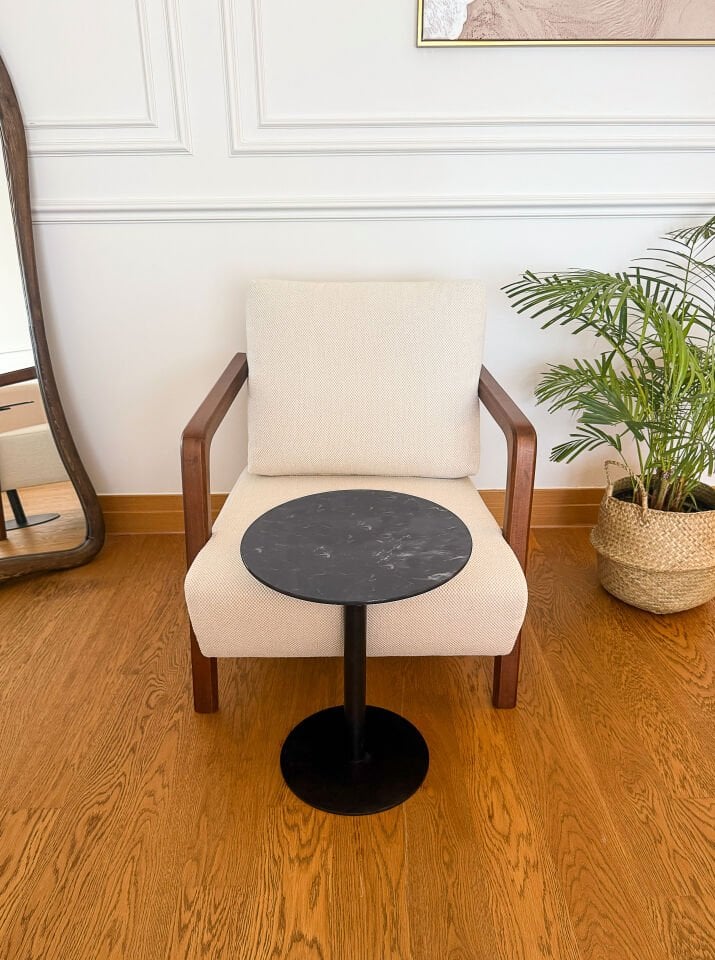 Siyah Mermer Desenli Modern 40 CM Zigon Yan Sehpa 8 MM Temper Cam