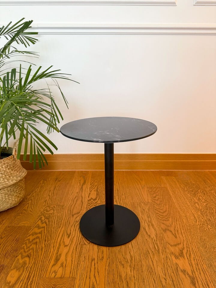 Siyah Mermer Desenli Modern 40 CM Zigon Yan Sehpa 8 MM Temper Cam