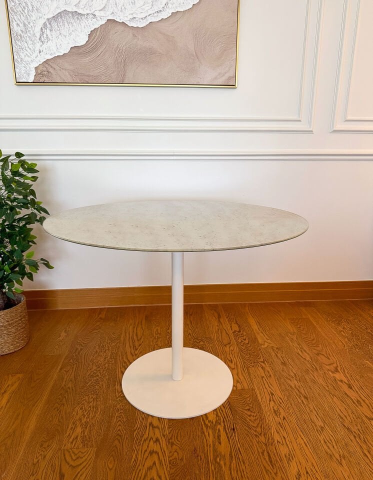 Traverten Mermer Desenli Modern 100 CM Yemek Masası 8 MM Temper Cam ( SADECE MASA )