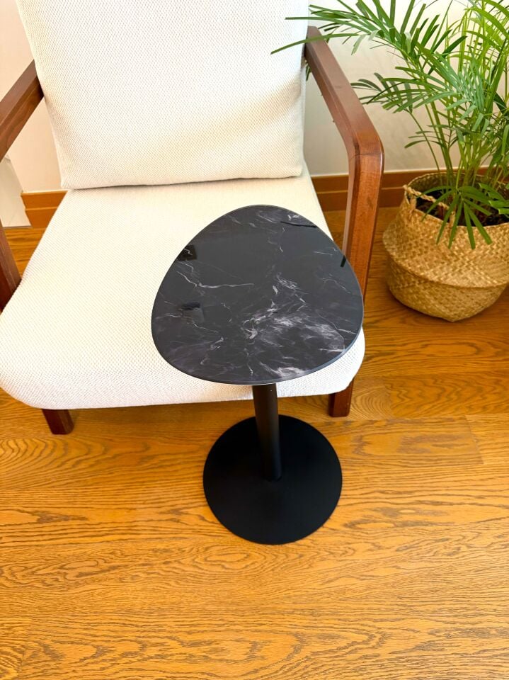 Siyah Mermer Desenli Modern 40x30 CM Zigon Yan Sehpa 8 MM Temper Cam