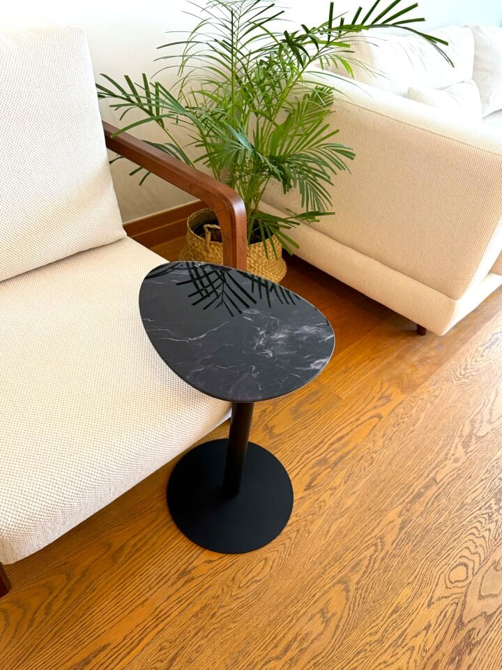 Siyah Mermer Desenli Modern 40x30 CM Zigon Yan Sehpa 8 MM Temper Cam