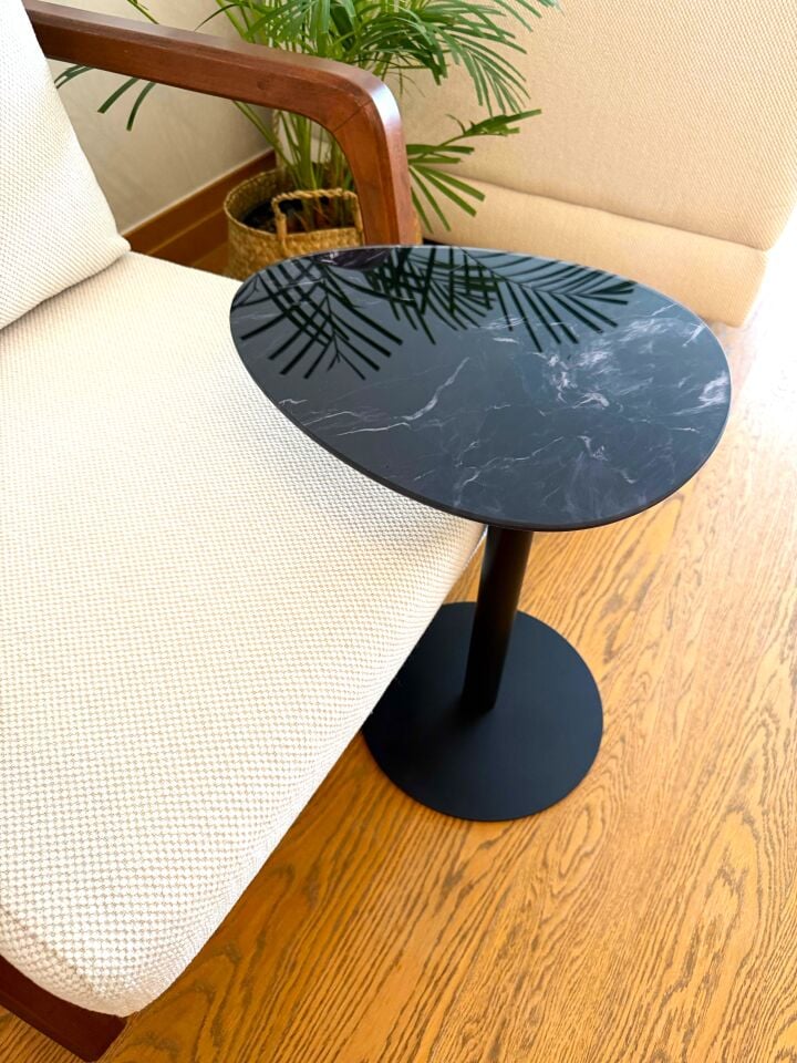 Siyah Mermer Desenli Modern 40x30 CM Zigon Yan Sehpa 8 MM Temper Cam