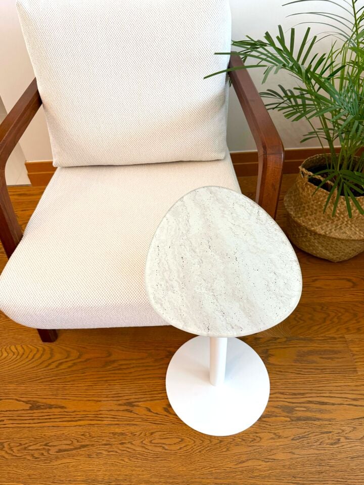 Traverten Mermer Desenli Modern 40x30 CM Zigon Yan Sehpa 8 MM Temper Cam