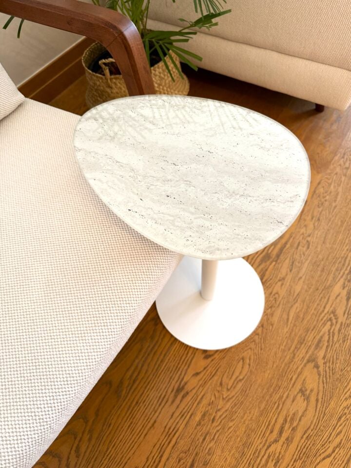 Traverten Mermer Desenli Modern 40x30 CM Zigon Yan Sehpa 8 MM Temper Cam