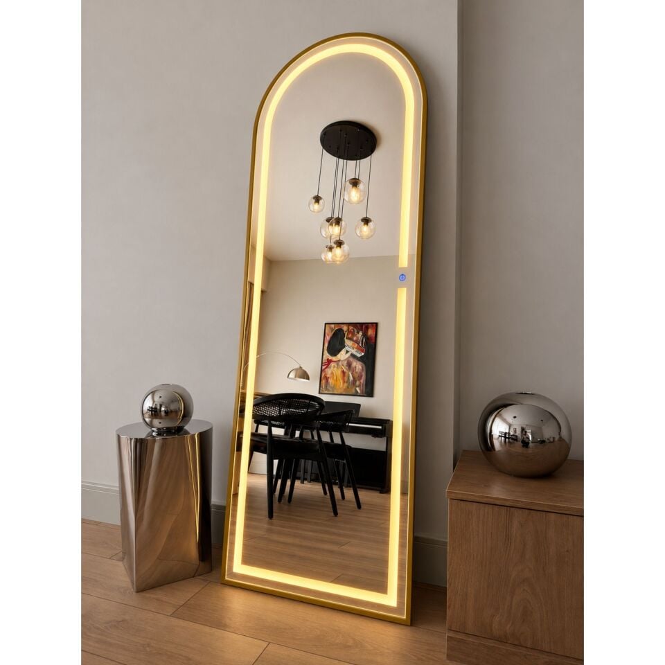 Ledli Gold Metal Çerçeveli 180x60 Cm Ayaklı Boy Aynası