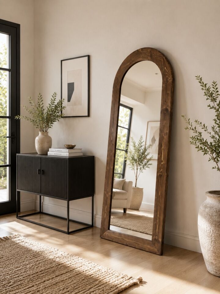 DOĞAL AHŞAP ÇERÇEVELİ 180X60 CM ( CEVİZ ) OVAL AYAKLI BOY AYNASI