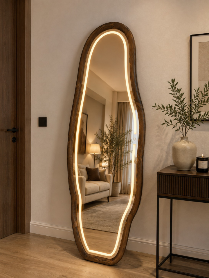LEDLİ DOĞAL AHŞAP ÇERÇEVELİ 180X60 CM ( CEVİZ ) ASİMETRİK AYAKLI BOY AYNASI