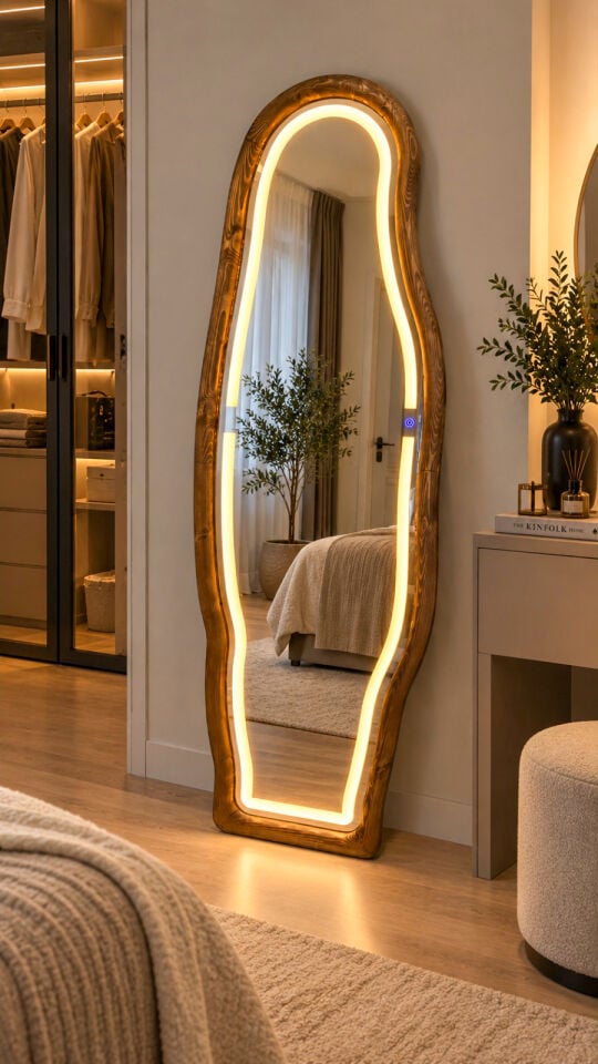 LEDLİ DOĞAL AHŞAP ÇERÇEVELİ 180X60 CM ( CEVİZ ) ASİMETRİK AYAKLI BOY AYNASI